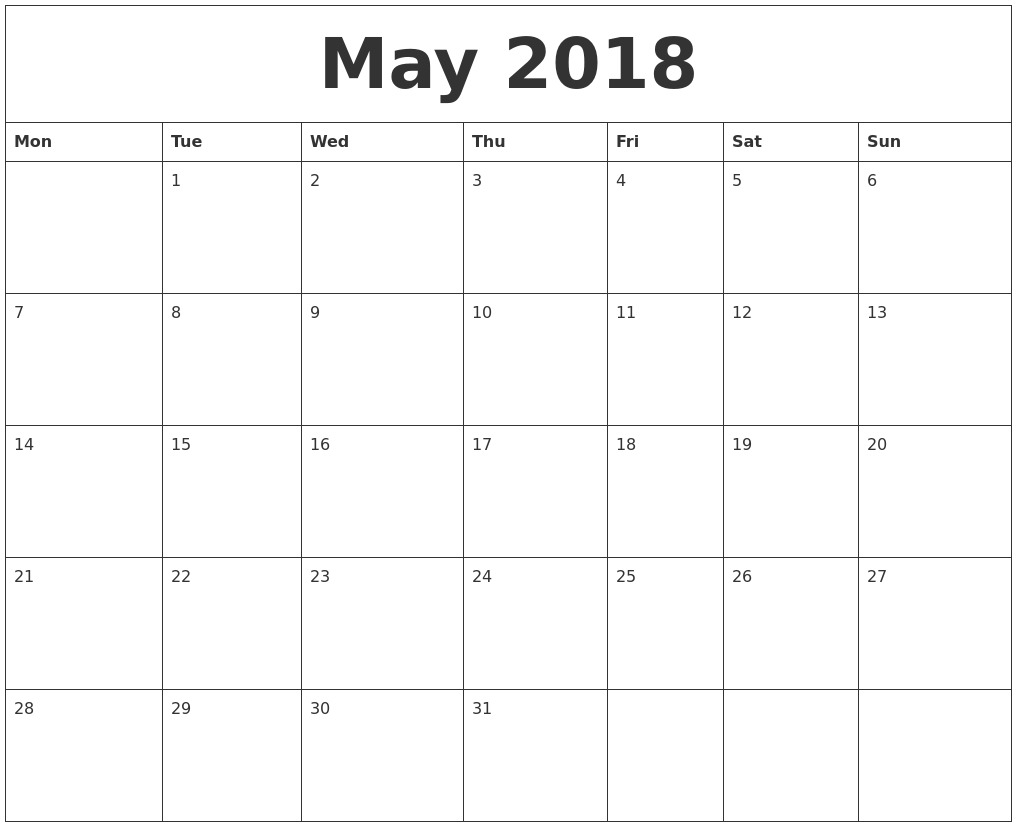 May 2018 Calendar Word