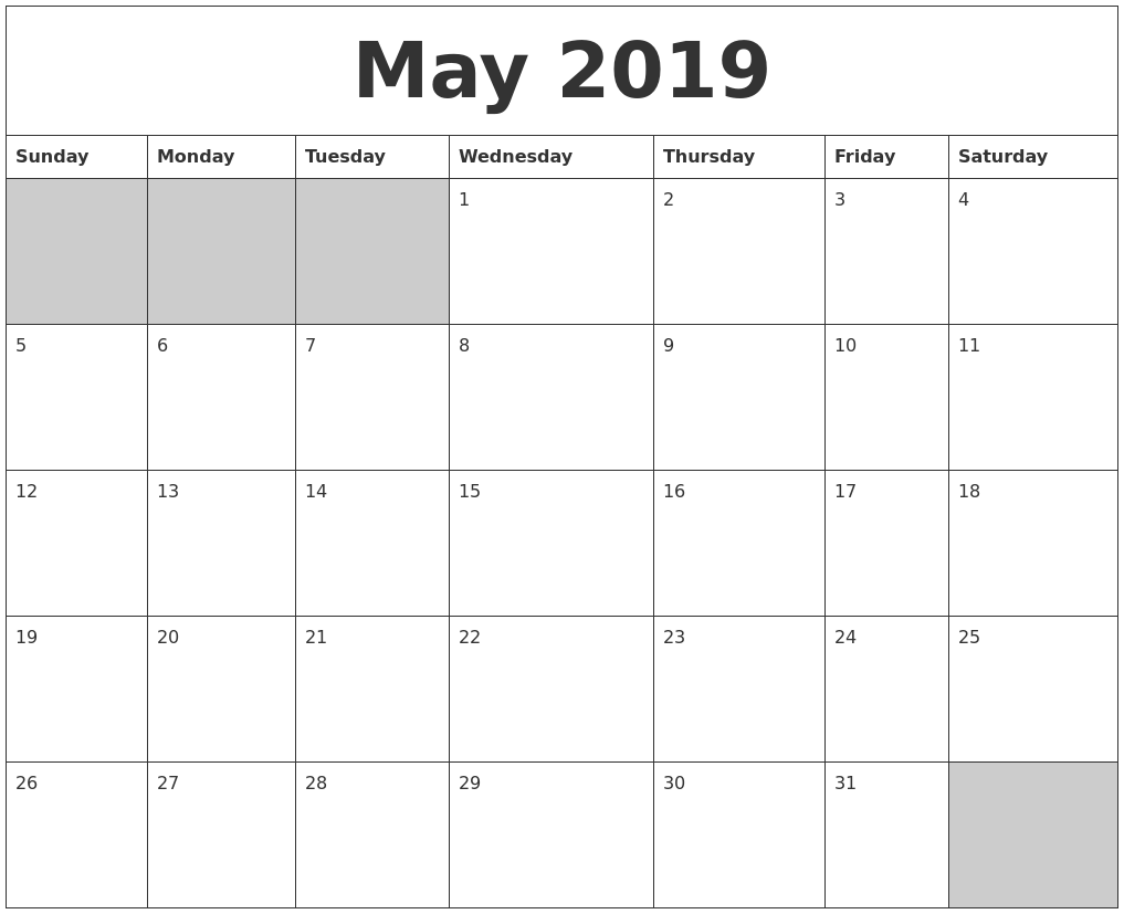 may 2019 blank printable calendar blank calendar may