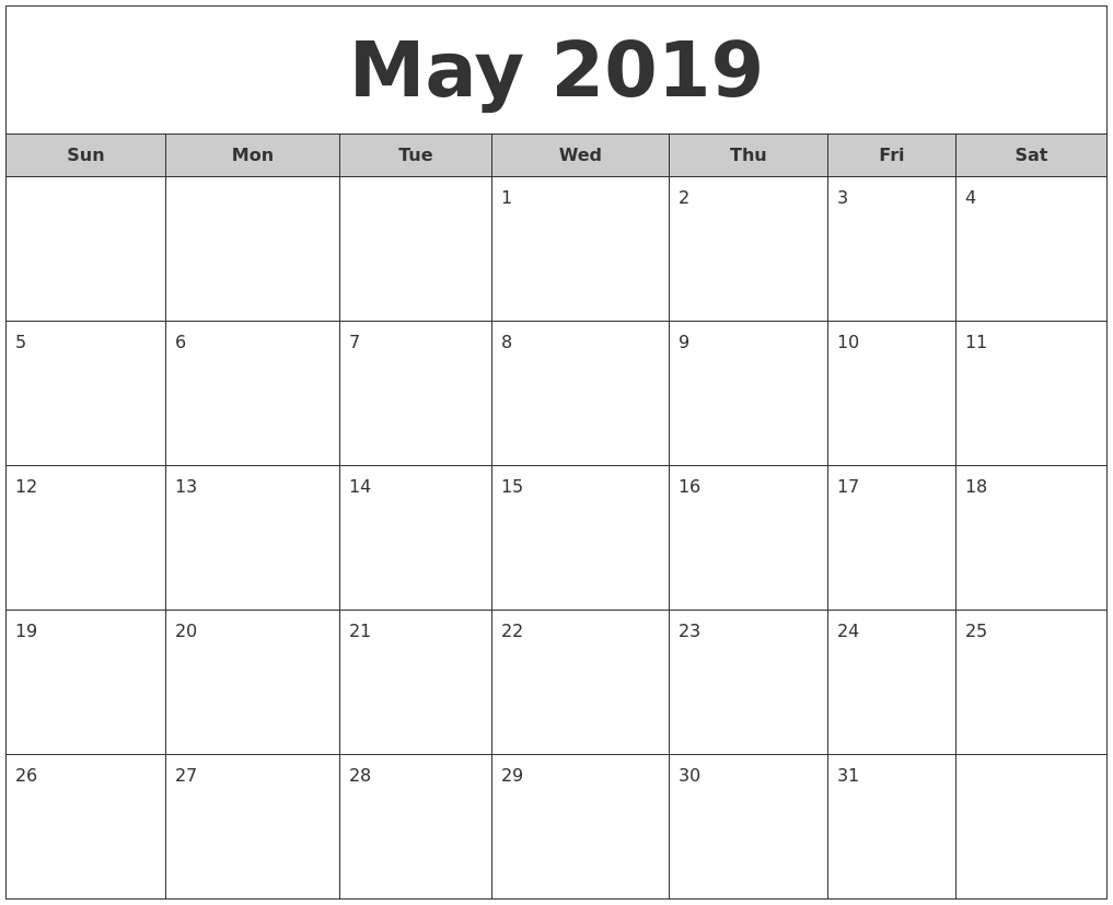 monthly calendar may 2019