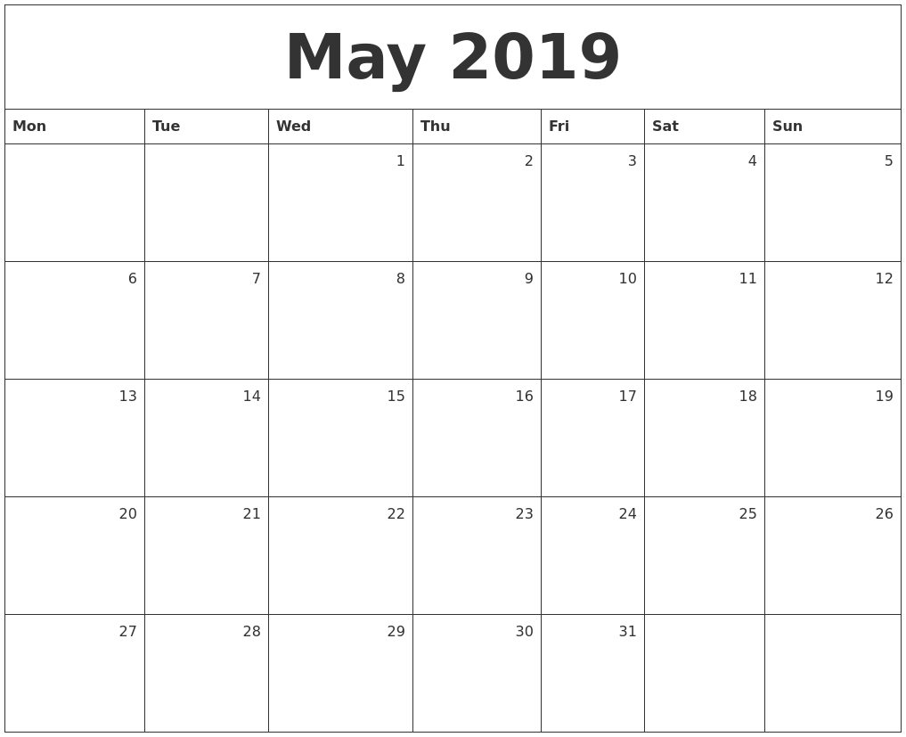 may 2019 monthly calendar monthly calendars for 2019