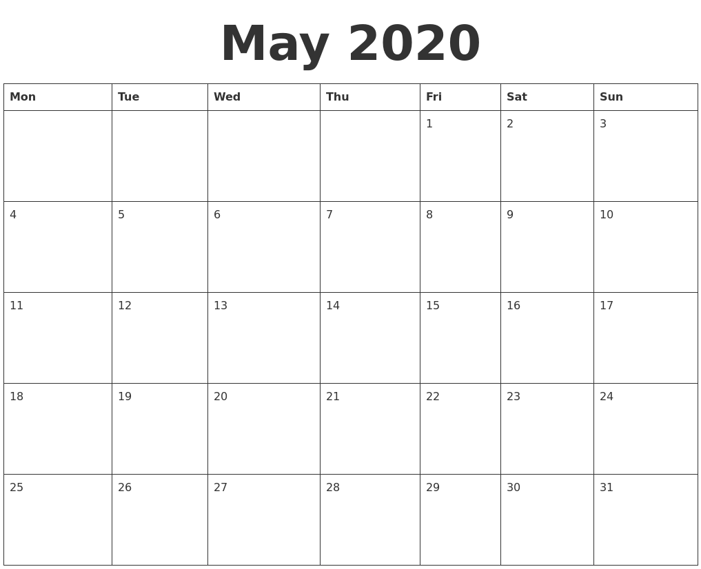 may 2020 blank calendar template empty calendars 2020
