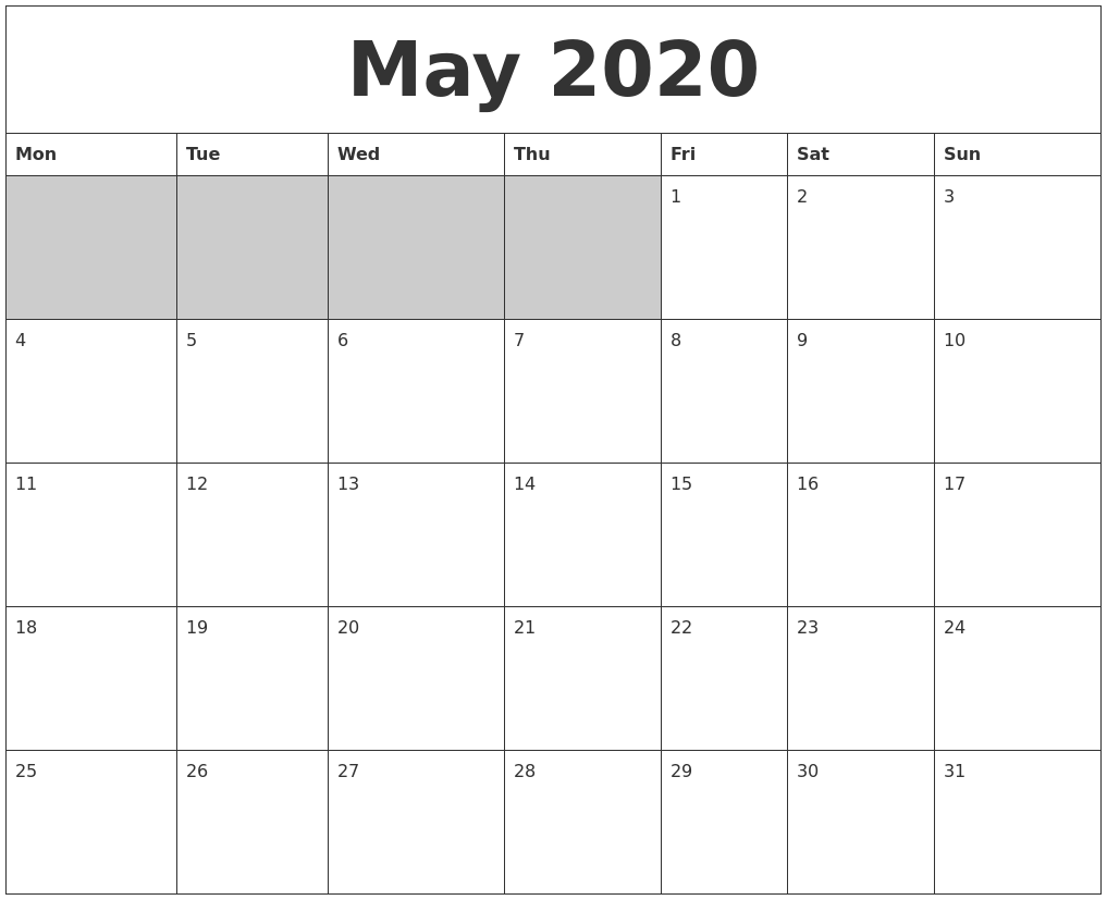May 2020 Blank Printable Calendar