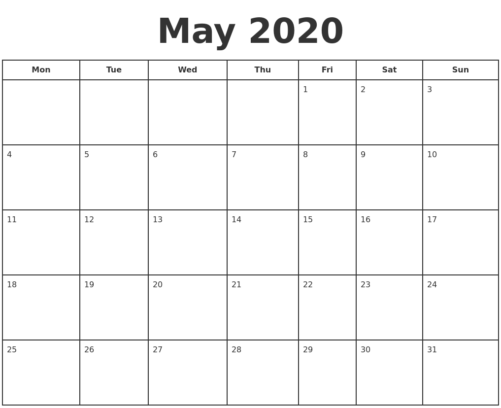 May 2020 Print A Calendar