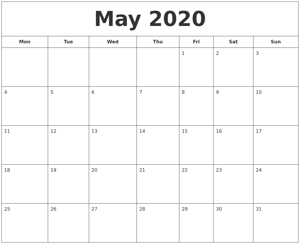 may 2020 printable calendar free printable calendar may 2020