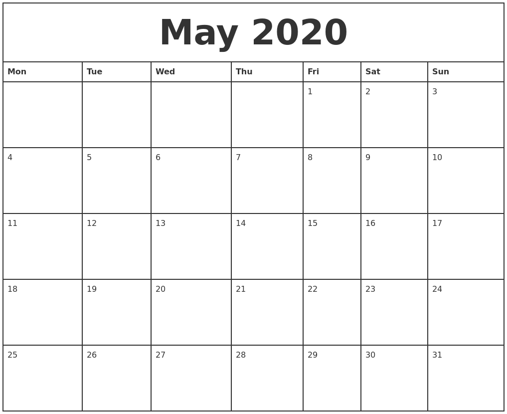 may 2020 printable monthly calendar calendar 2020 monthly printable