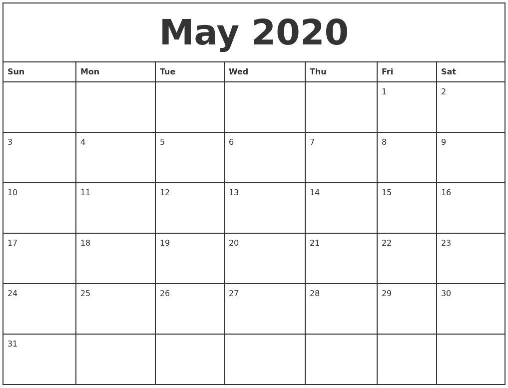 May 2020 Printable Monthly Calendar