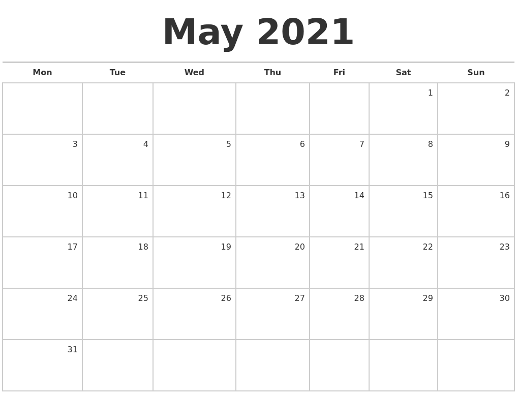 May 2021 Blank Monthly Calendar