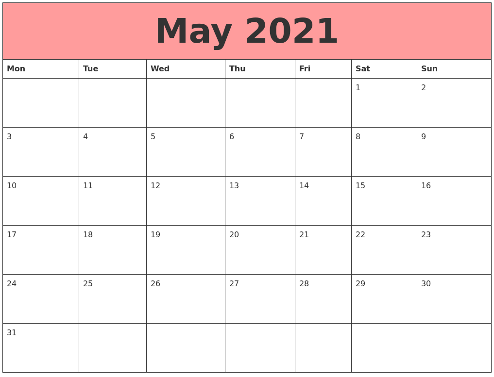 may 2021 calendars that work monday start