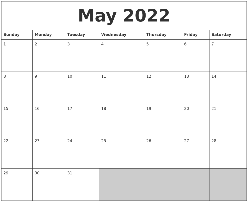 May 2022 Blank Printable Calendar
