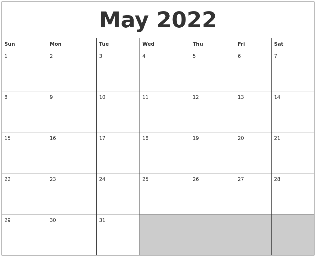 May 2022 Blank Printable Calendar