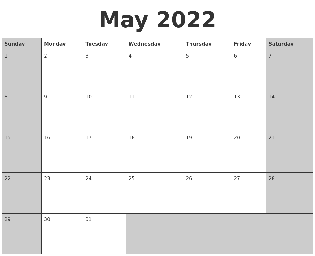 May 2022 Calanders
