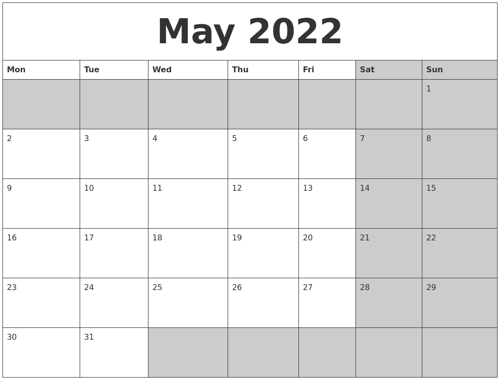 May 2022 Calanders