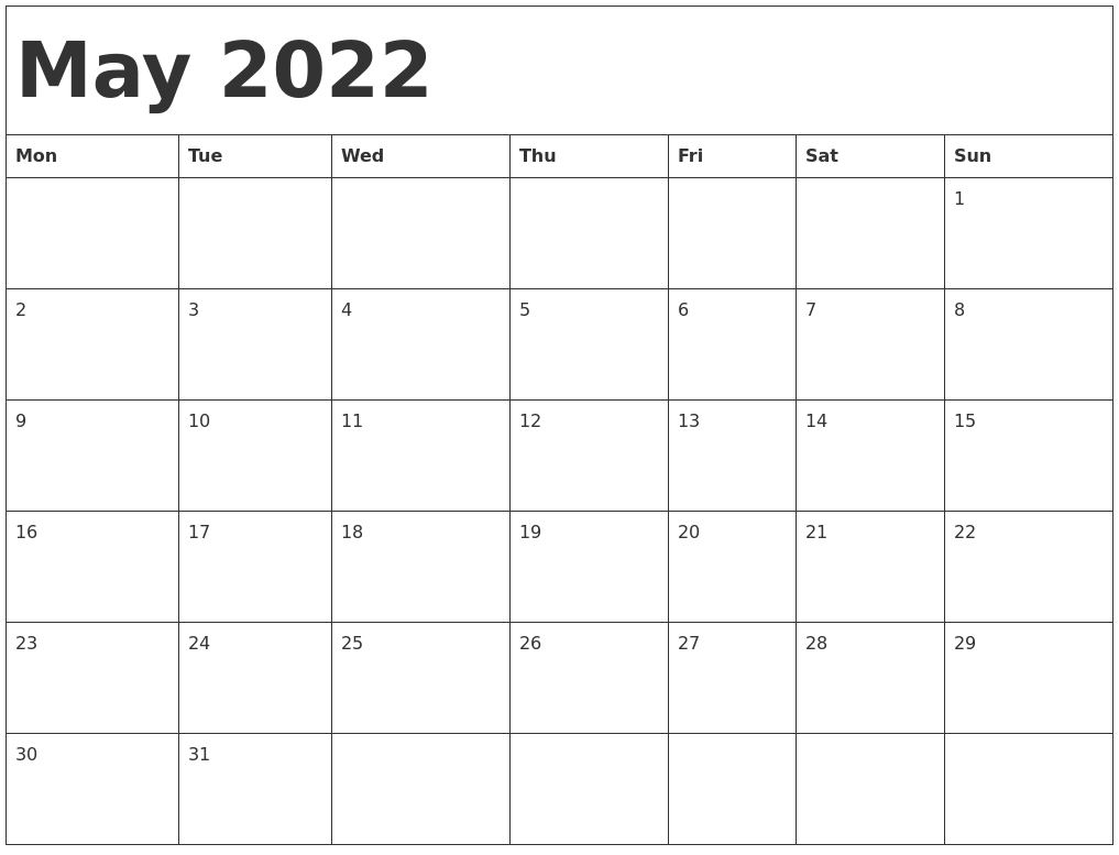 May 2022 Calendar Template