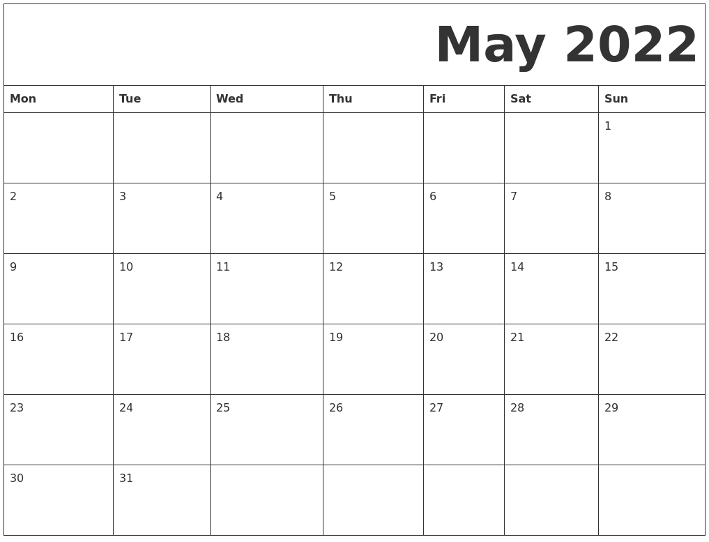 May 2022 Free Printable Calendar