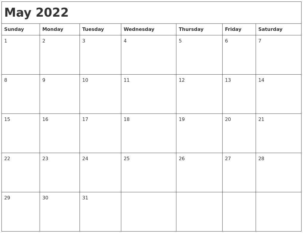 May 2022 Month Calendar