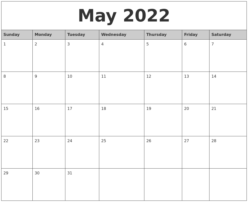 May 2022 Monthly Calendar Printable