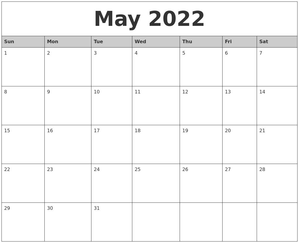 May 2022 Monthly Calendar Printable