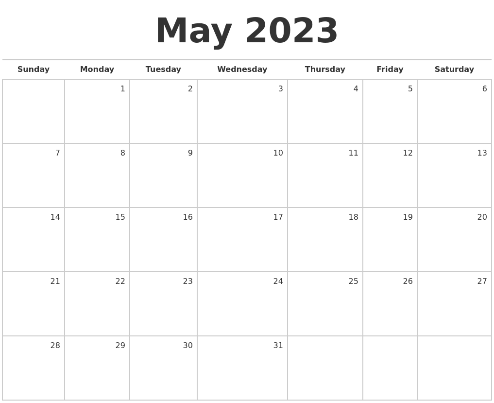 Blank Calendar 2023 May May 2023 Blank Monthly Calendar