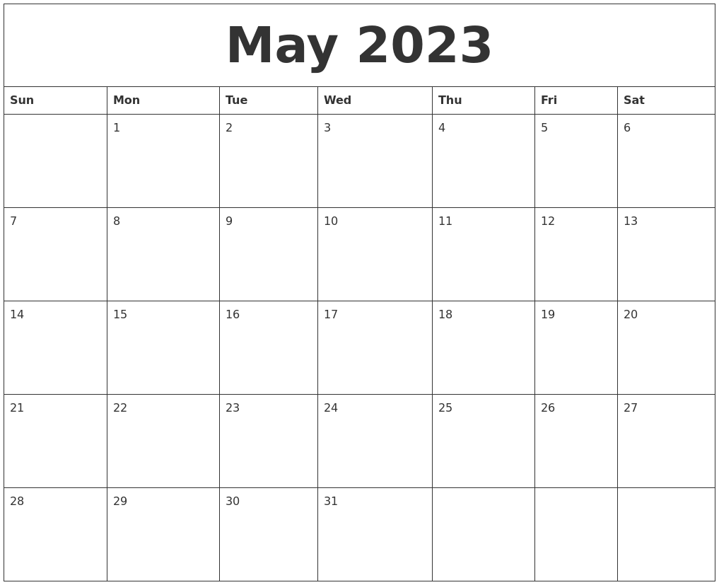May 2023 Blank Monthly Calendar Template