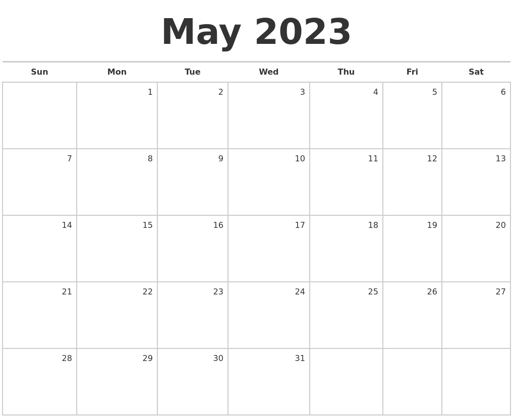 May 2023 Blank Monthly Calendar