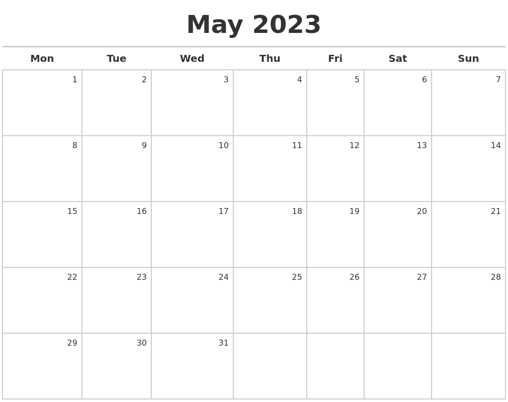 2023 Calendar Template Starting Monday May 2023 Calendar CLOUD HOT GIRL
