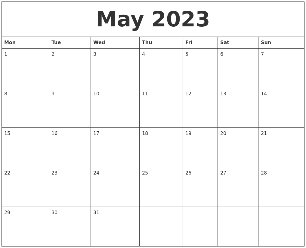 May 2023 Free Monthly Calendar Template