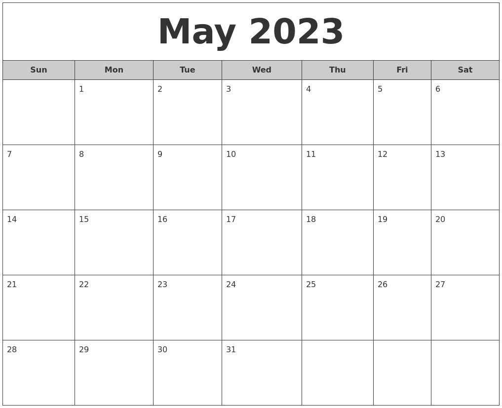 May 2023 Free Monthly Calendar