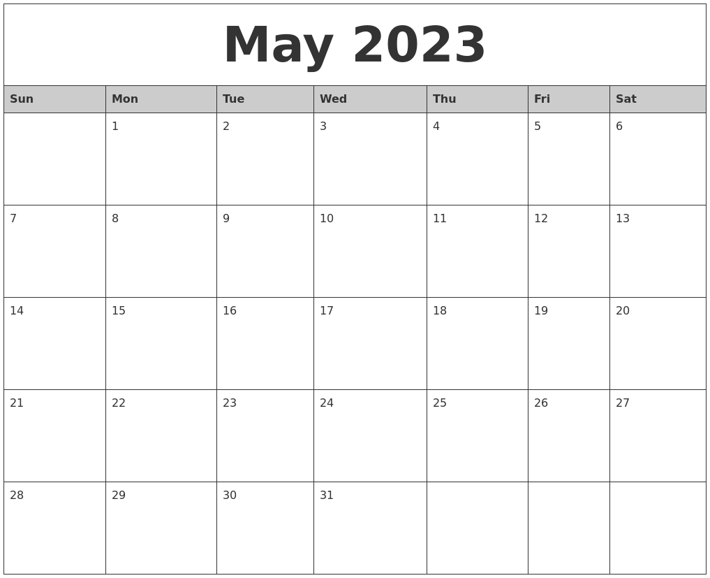 May 2023 Monthly Calendar Printable