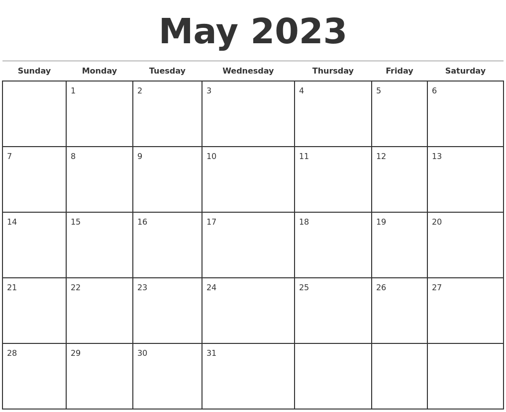 May 2023 Monthly Calendar Template