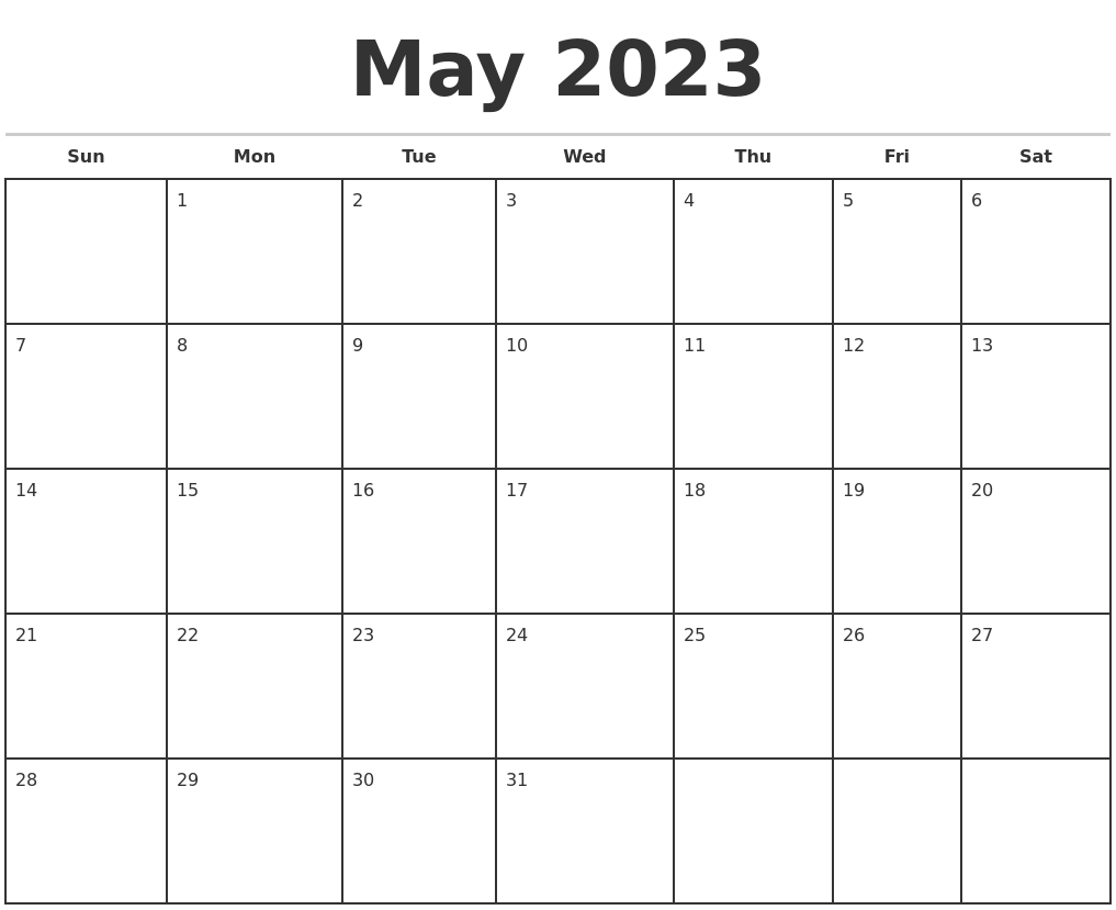 May 2023 Monthly Calendar Template