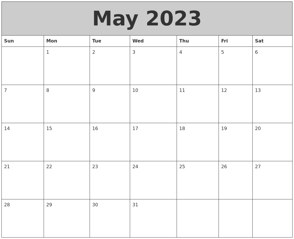 May Calendar 2023 Printable Pdf Free