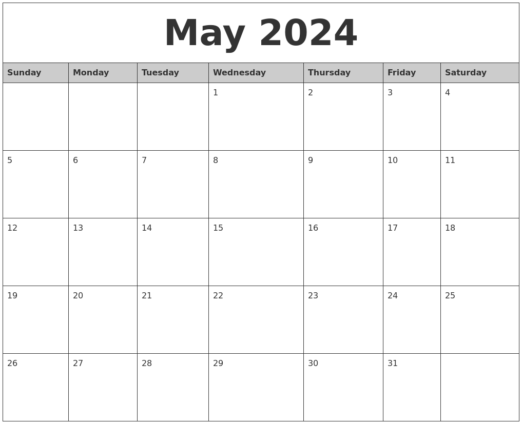 May 2024 Monthly Calendar Printable