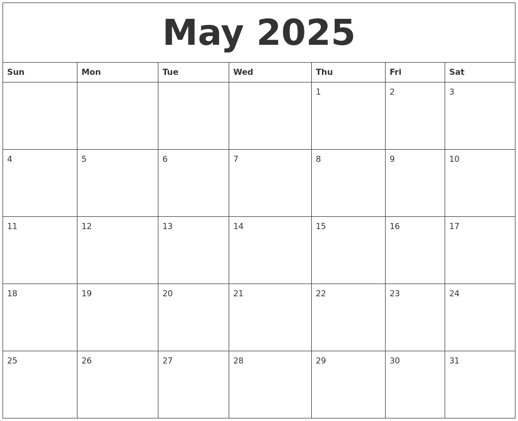 May 2025 Blank Monthly Calendar Template