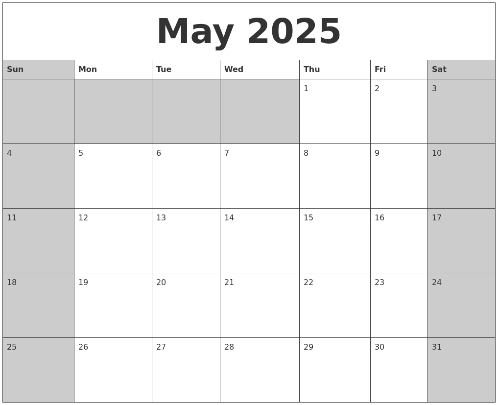 May 2025 Calanders