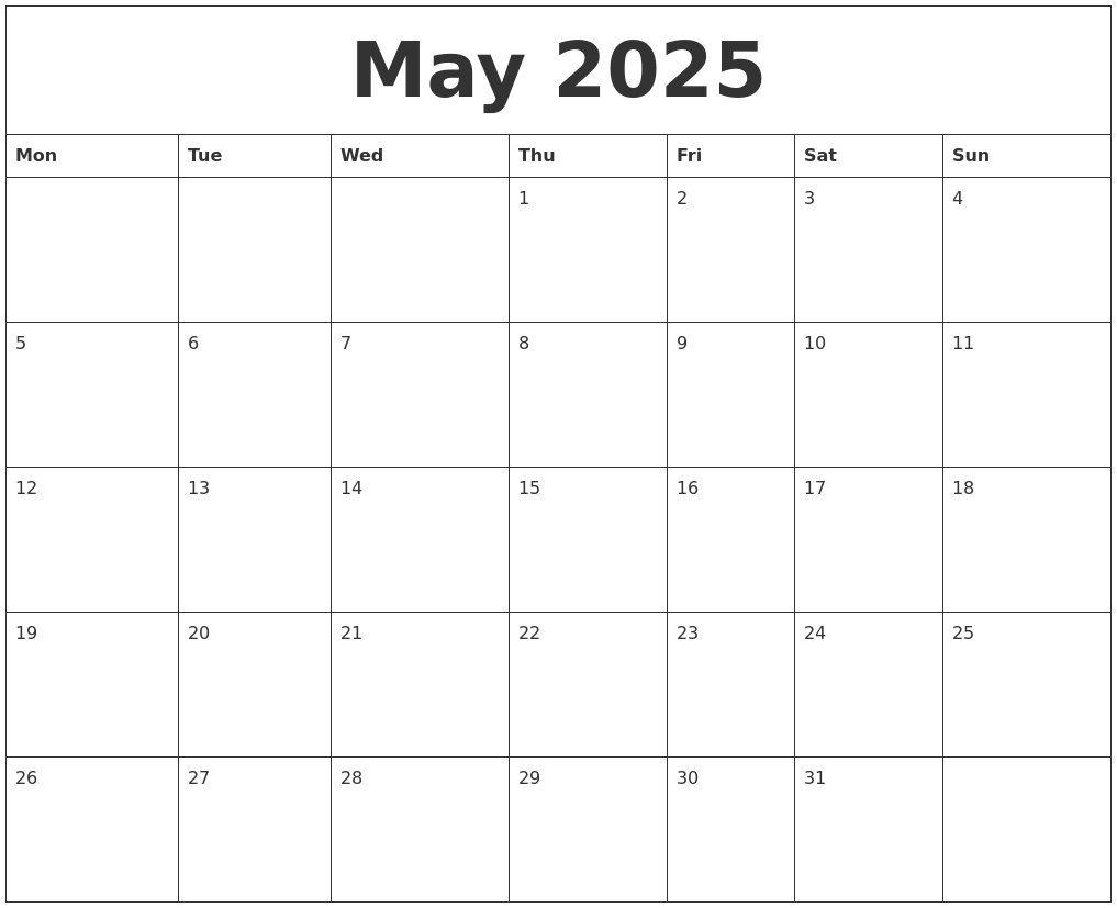 May 2025 Calendar Month