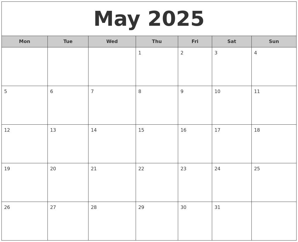 May 2025 Free Monthly Calendar