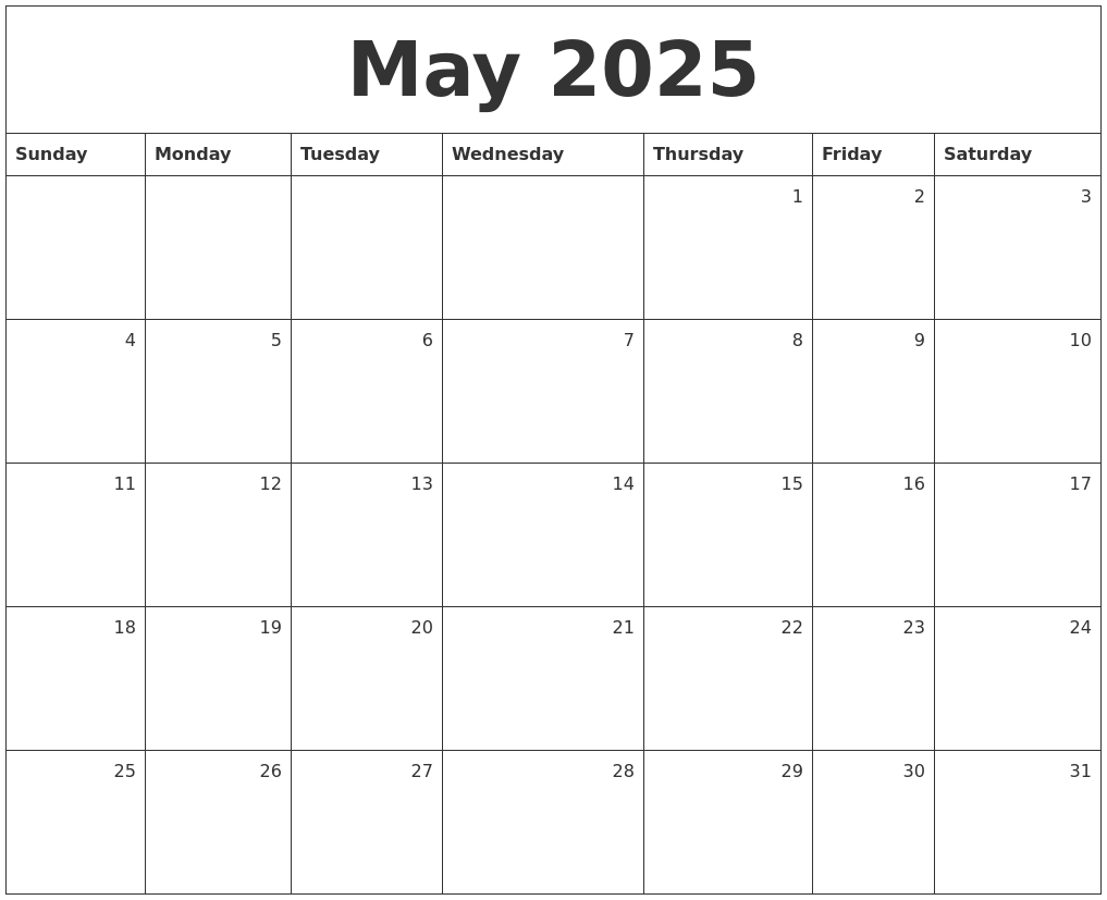 May 2025 Monthly Calendar