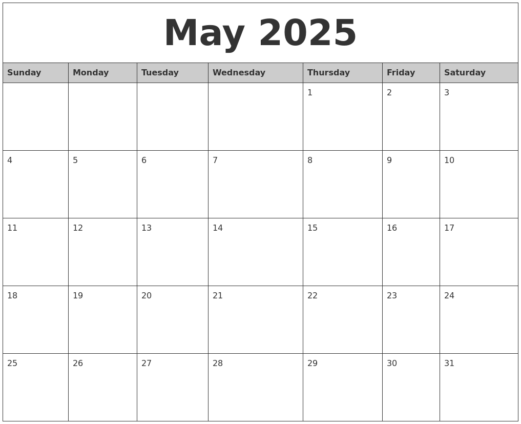 May 2025 Monthly Calendar Printable