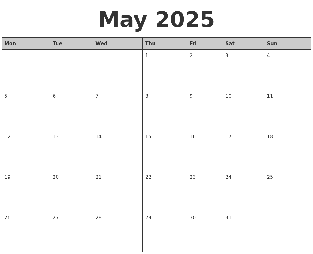 May 2025 Monthly Calendar Printable