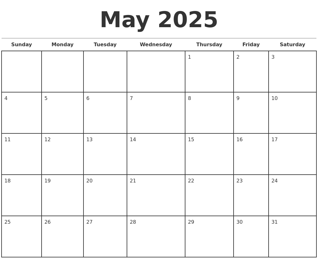 May 2025 Monthly Calendar Template