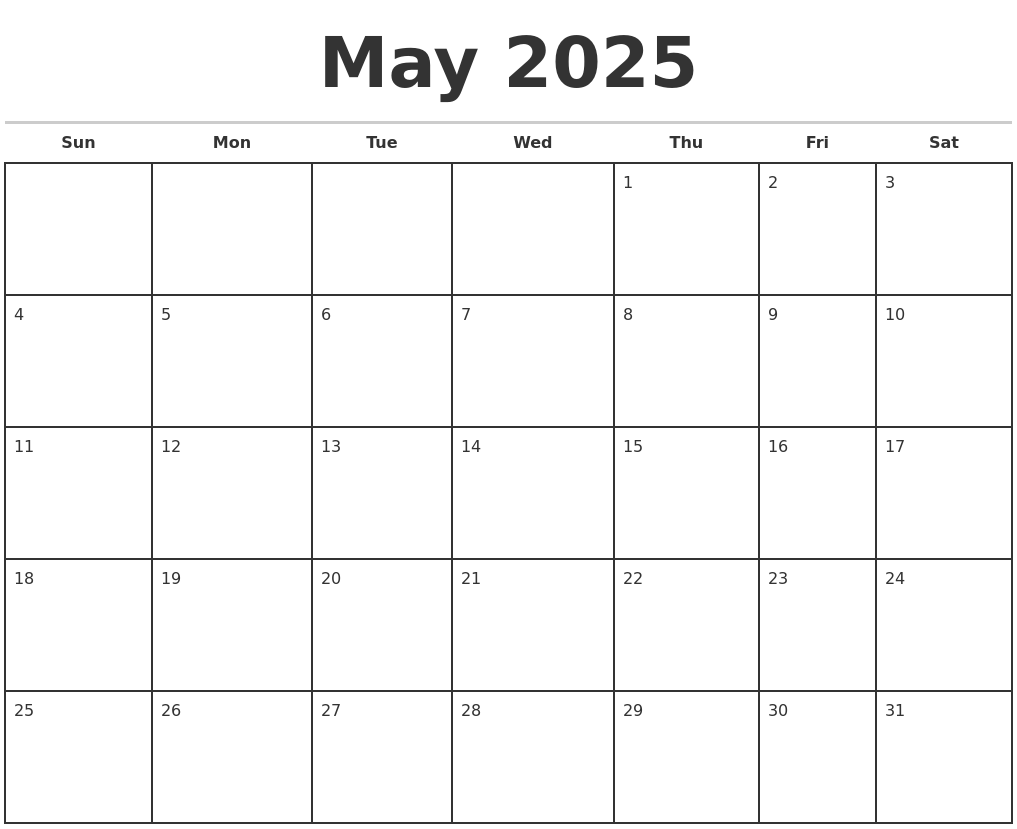 May 2025 Monthly Calendar Template