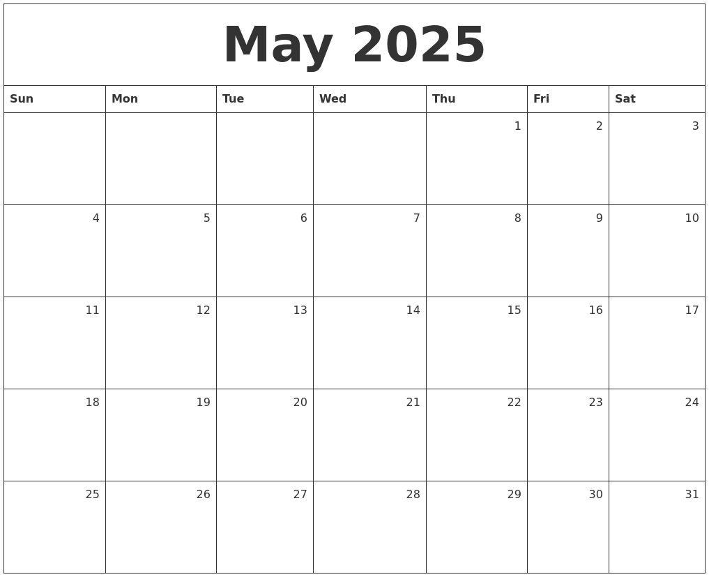 Month Of May 2025 Calendar