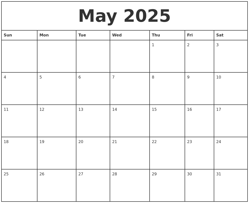 May 2025 Printable Monthly Calendar