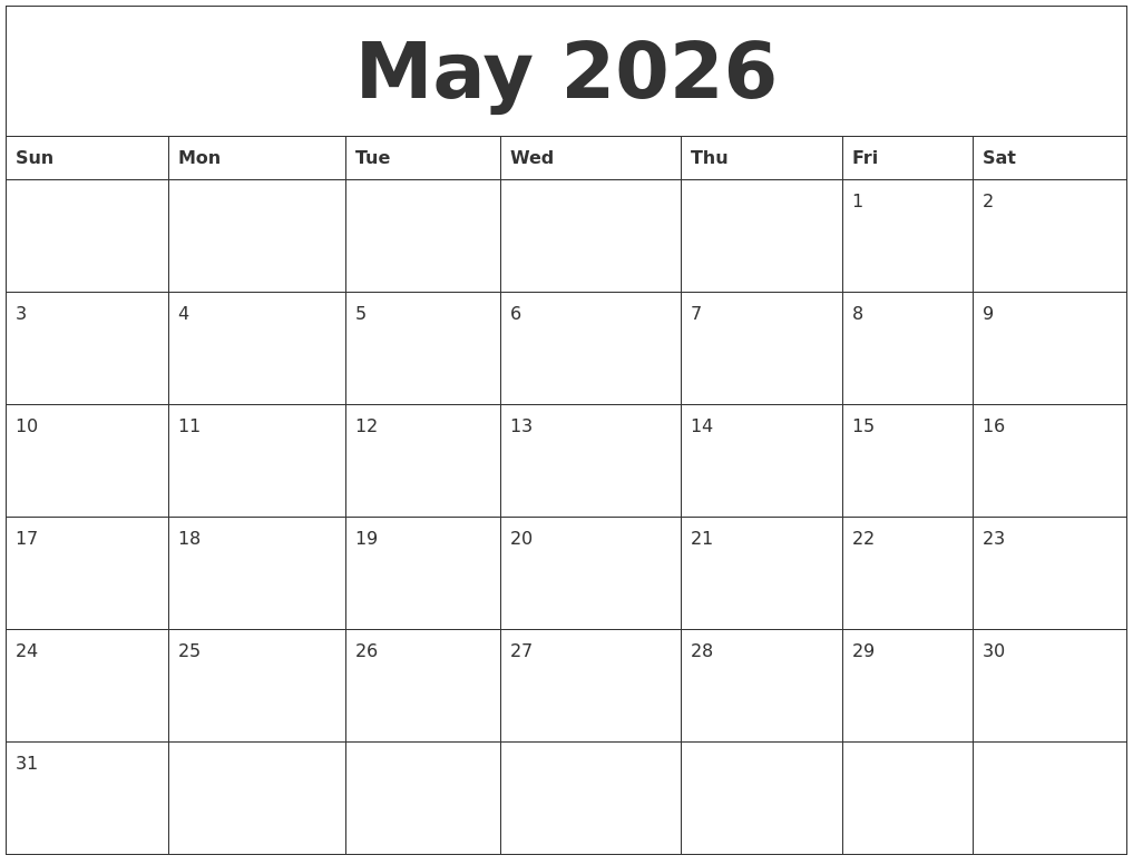 May 2026 Blank Monthly Calendar Template