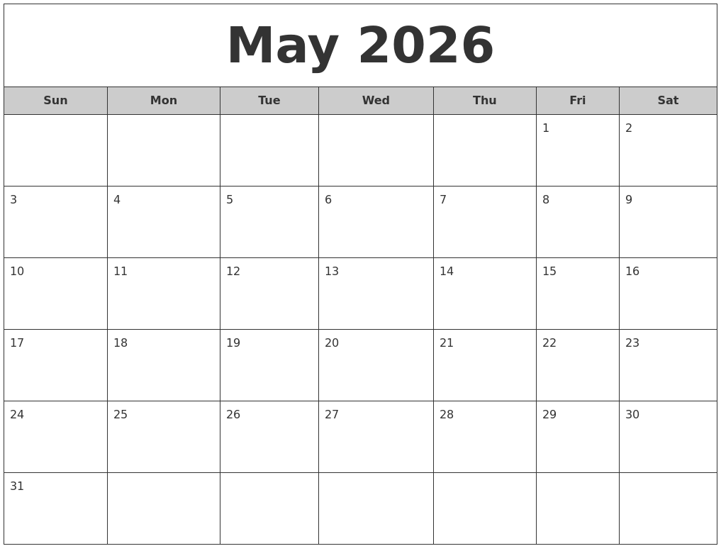 May 2026 Free Monthly Calendar May 2026 Free Monthly Calendar