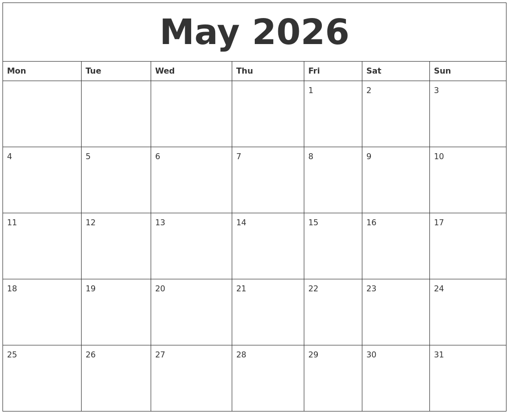 May 2026 Free Printable Monthly Calendar