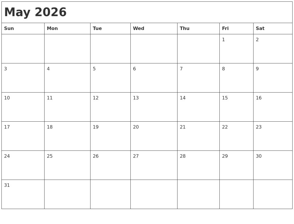 May 2026 Month Calendar
