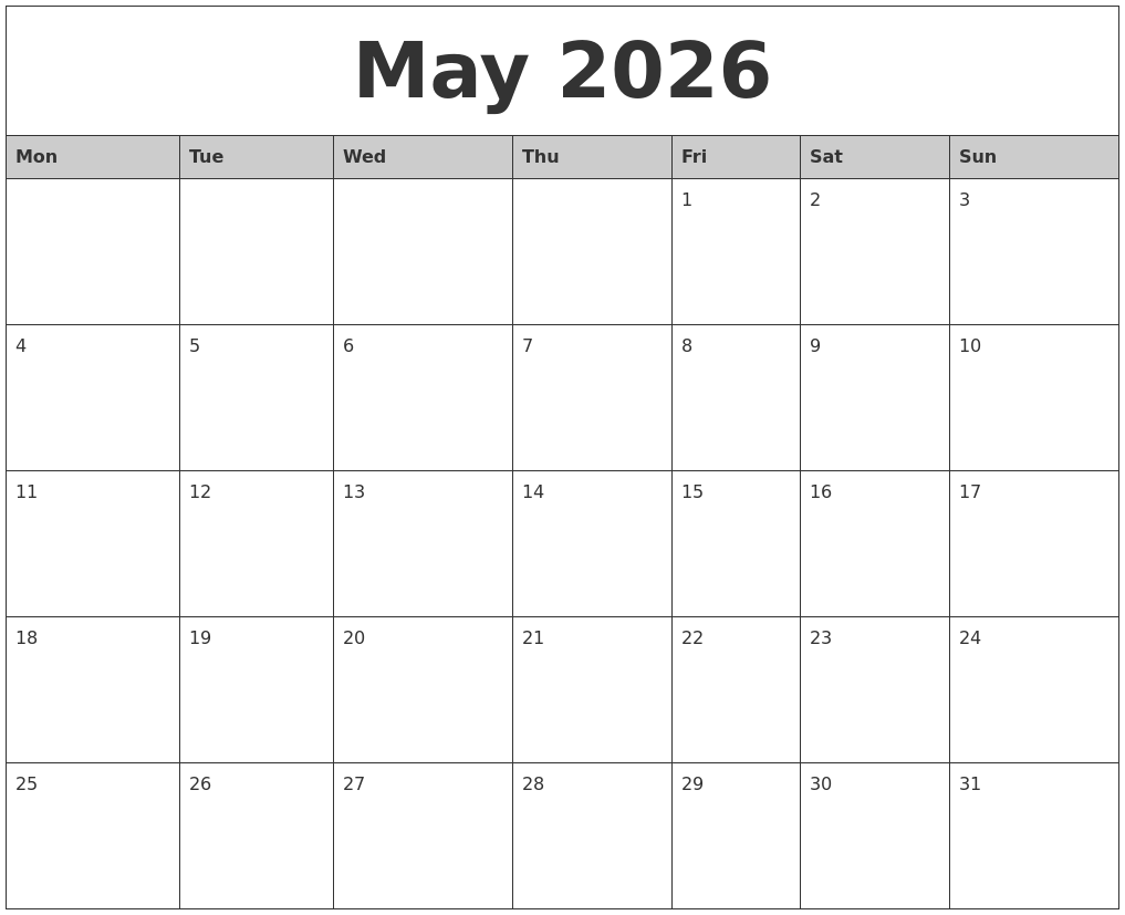 May 2026 Monthly Calendar Printable