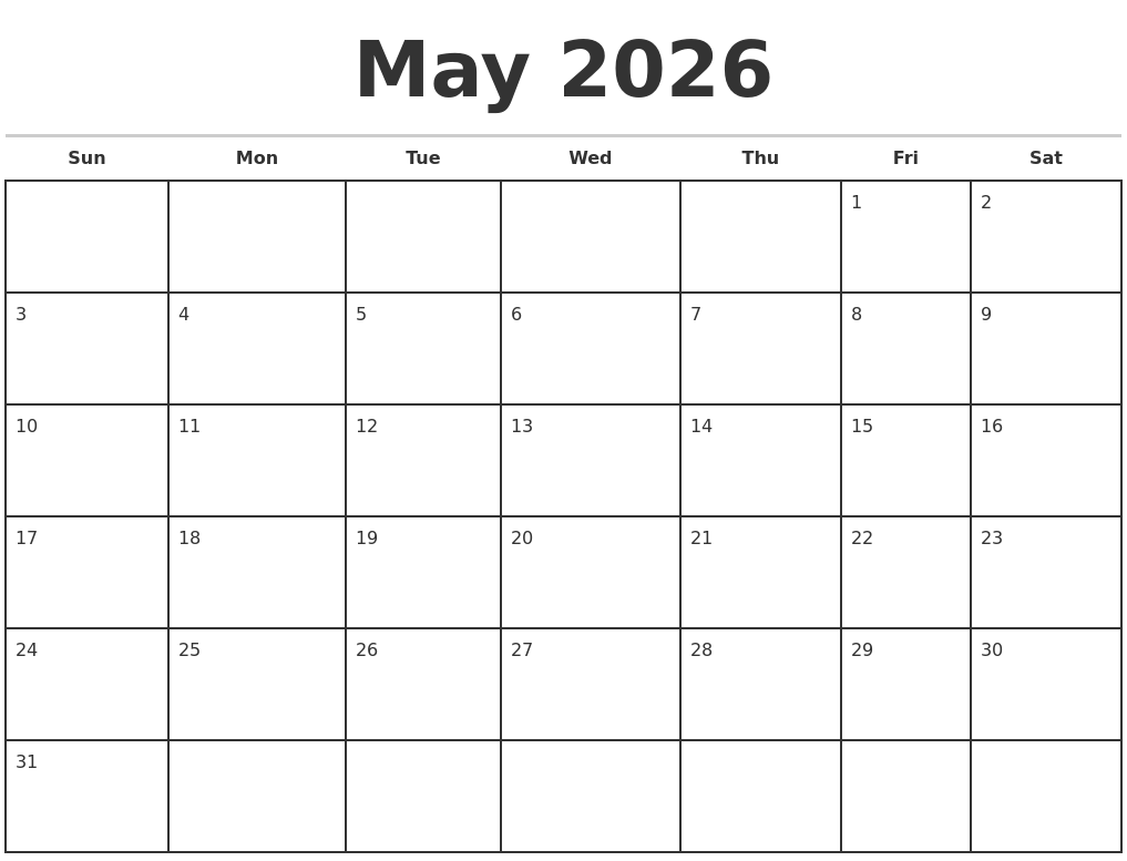 May 2026 Monthly Calendar Template