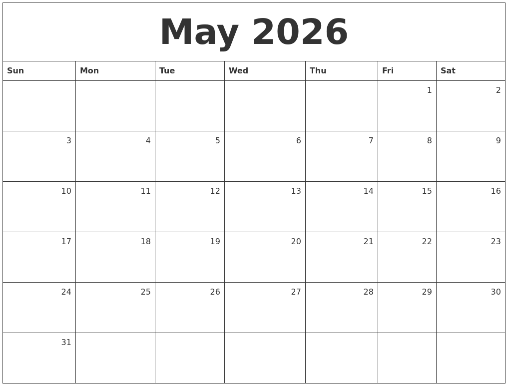 May 2026 Monthly Calendar